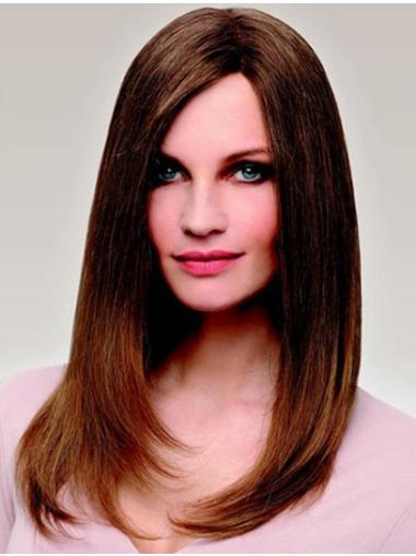 Without Bangs 100% Hand-tied Long Brown 16" Cheap Real Human Hair Wigs