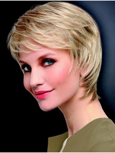 Straight 8" Platinum Blonde Monofilament Layered Short Wigs For Sale