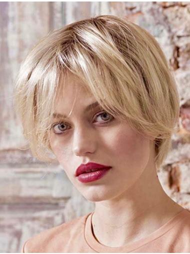 Straight 8" Short Synthetic Platinum Blonde Ladies Monofilament Wigs