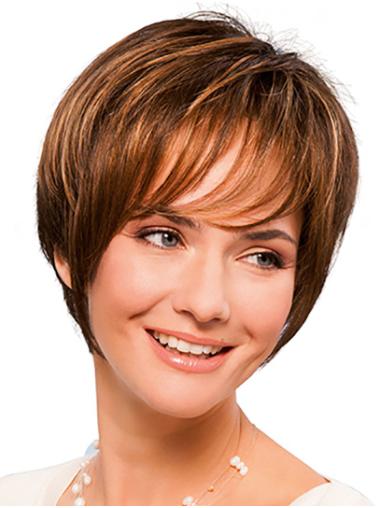 8" Short Copper Synthetic With Bangs Hand Tied Wigs