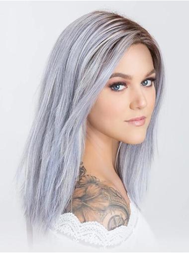 Monofilament 14" Shoulder Length Synthetic Without Bangs Women Grey Wig