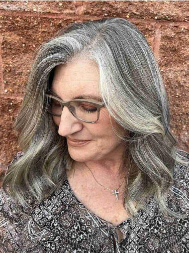 Grey Wigs Without Bangs 16" Straight Remy Human Hair Long Monofilament Wigs