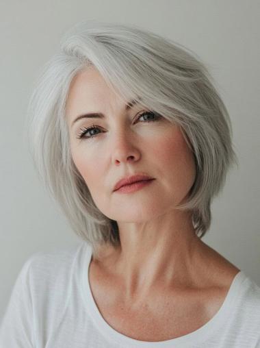 Grey Wig Straight Bobs 12" Synthetic Shoulder Length Monofilament Wigs