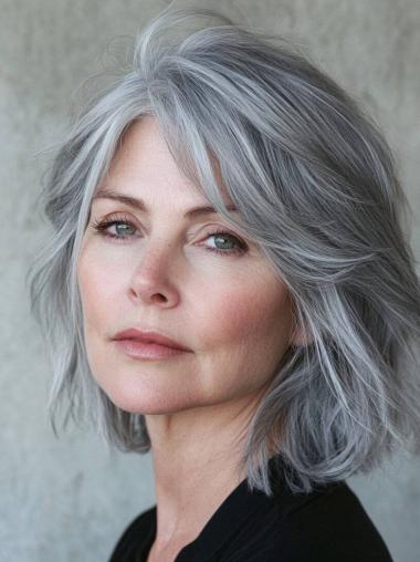 Grey Human Hair Wigs Straight Monofilament 12" Shoulder Length Bobs Wigs