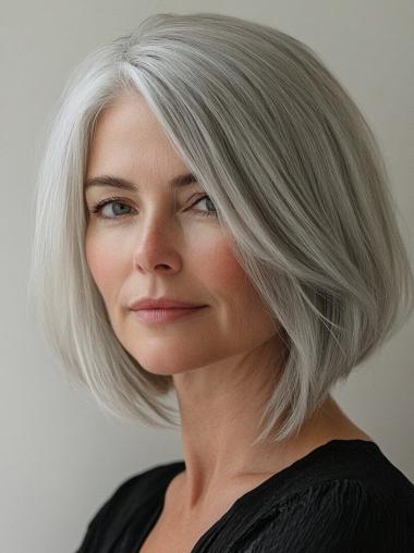 Grey Wigs For Older Ladies Synthetic 12" Straight Monofilament Shoulder Length Wigs