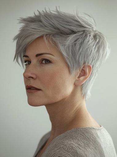 Grey Human Hair Wigs Straight Monofilament 8" Short Boycuts Wigs