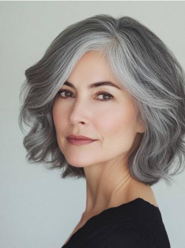 Grey Human Hair Wigs Wavy Monofilament 12" Shoulder Length Bobs Wigs