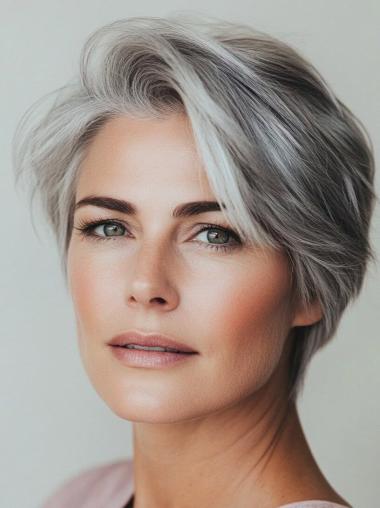 Grey Wigs For Older Ladies Remy Human Hair 8" Straight Monofilament Short Wigs
