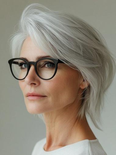 Silver Grey Human Hair Wigs Shoulder Length 12" Bobs Monofilament Wavy Wigs