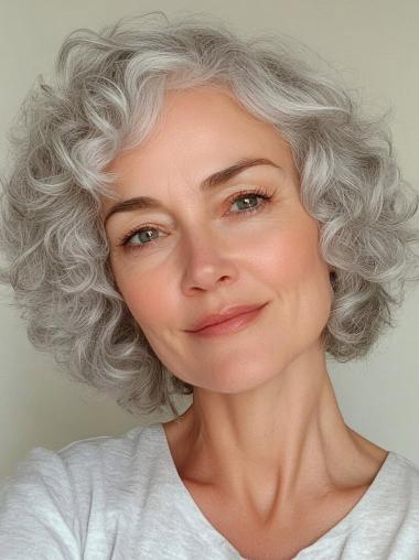 Grey Hair Wigs Chin Length 10" Monofilament Bobs Curly Synthetic Wigs