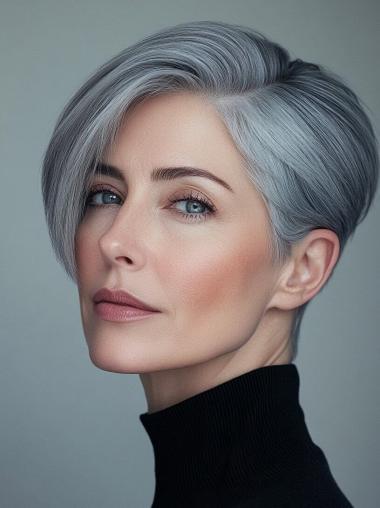 Grey Hair Wigs Short 8" Lace Front Boycuts Straight Remy Human Hair Wigs