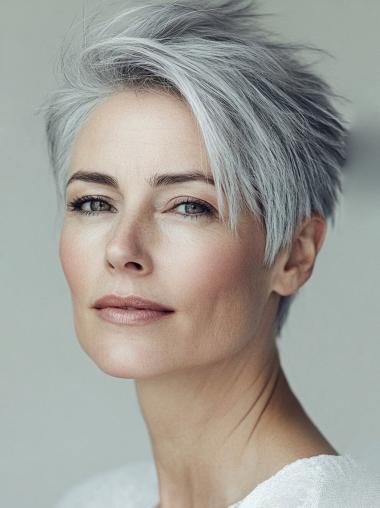Silver Grey Human Hair Wigs Short 8" Boycuts Lace Front Straight Wigs