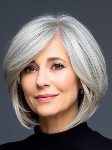 Silver Grey Human Hair Wigs Shoulder Length 12" Bobs Monofilament Straight Wigs