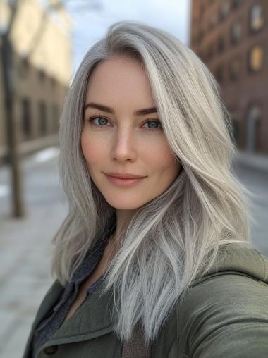 Grey Hair Wig Without Bangs Long Synthetic 18" Straight Lace Front Wigs