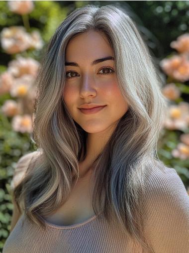 Grey Wigs Human Hair Long Without Bangs 18" Straight Lace Front Wigs