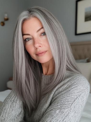 Grey Hair Wig Without Bangs Long Synthetic 20" Straight Monofilament Wigs
