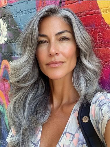 Grey Hair Wig Without Bangs Long Synthetic 20" Wavy Lace Front Wigs