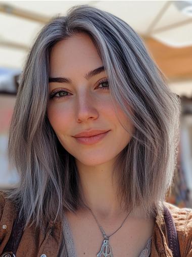 Grey Bob Wig Synthetic Straight Lace Front 14" Shoulder Length Wigs