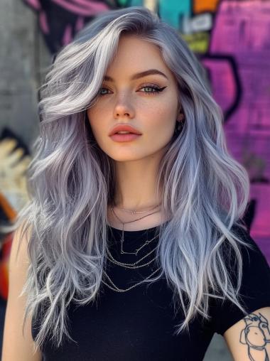 Grey Wigs Human Hair Long Without Bangs 22" Wavy Monofilament Wigs