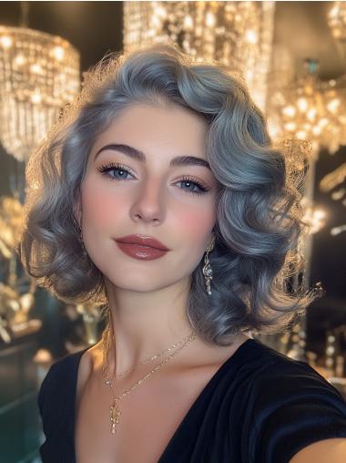 Grey Bob Wig Synthetic Wavy Lace Front 12" Shoulder Length Wigs