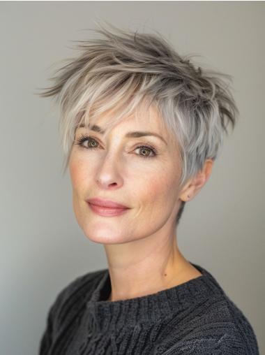 Real Hair Wigs Grey Short Lace Front Boycuts Straight 6" Wigs