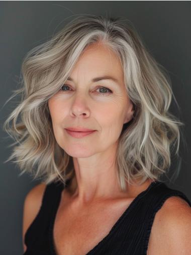 Grey Bob Wig Synthetic Wavy Lace Front 12" Shoulder Length Wigs