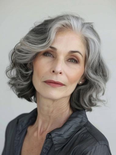 Human Hair Grey Wigs Shoulder Length Bobs Wavy 12" Lace Front Wigs