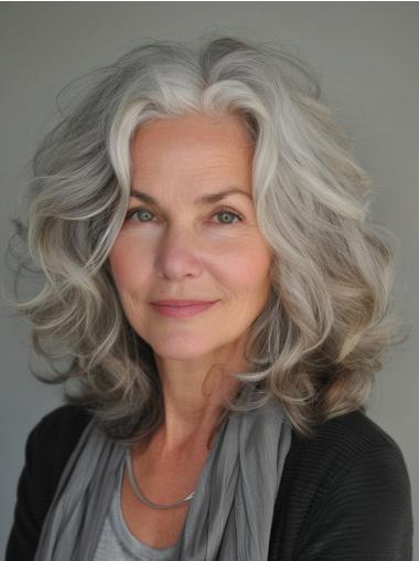 Grey Wigs For Seniors 14" Without Bangs Lace Front Shoulder Length Synthetic Wigs