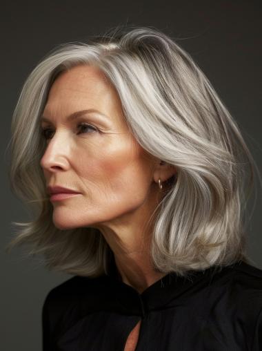 Grey Bob Wig Synthetic Wavy Lace Front 12" Shoulder Length Wigs