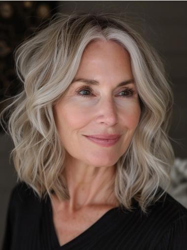 Human Hair Grey Wigs Shoulder Length Bobs Wavy 14" Monofilament Wigs