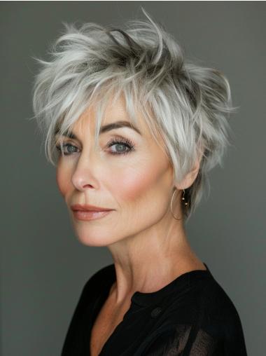 Grey Short Wigs 8" Straight Boycuts Monofilament Synthetic Wigs