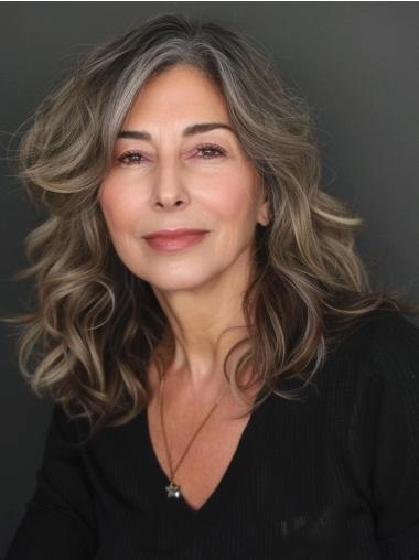 Grey Human Hair Wig 16" Without Bangs Wavy Long Monofilament Wigs