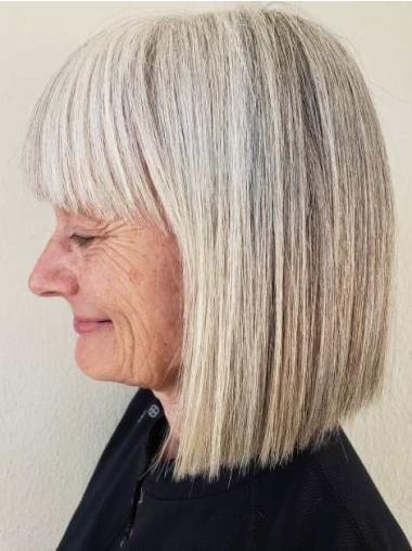 Grey Human Hair Wig 12" With Bangs Straight Shoulder Length Lace Front Wigs