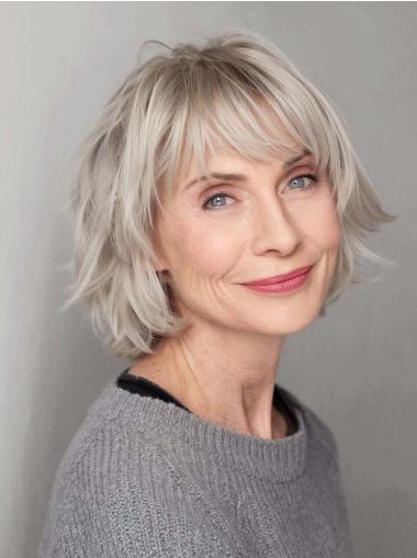 Grey Human Hair Wig 10" With Bangs Straight Chin Length Monofilament Wigs