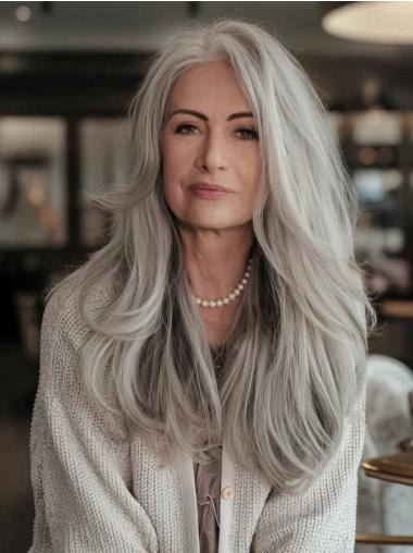 Grey Human Hair Wig 24" Layered Straight Long Lace Front Wigs