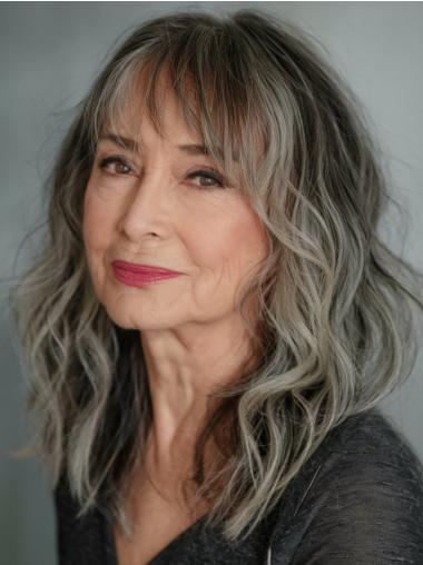 Grey Wigs With Bangs Wavy Remy Human Hair Long Lace Front 16" Wigs