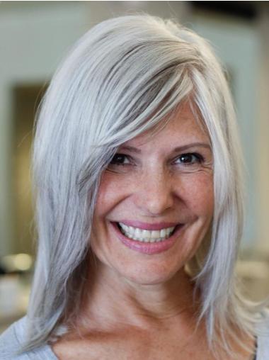 Grey Wig Human Hair Monofilament 14" Layered Straight Shoulder Length Wigs