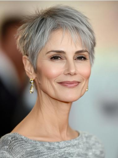 Grey Short Wigs 8" Straight Boycuts Lace Front Remy Human Hair Wigs