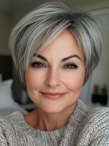 Grey Short Wigs 8" Straight Boycuts Lace Front Remy Human Hair Wigs