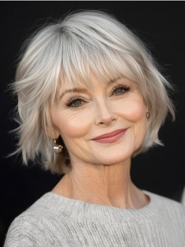 Grey Wig Human Hair Monofilament 10" Bobs Straight Chin Length Wigs