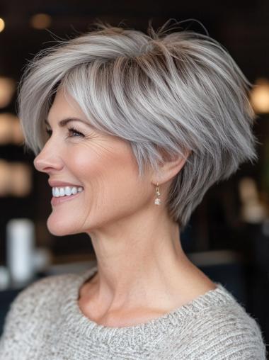 Grey Short Wigs 8" Straight Bobs Lace Front Remy Human Hair Wigs