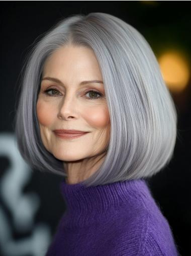 Grey Wig Human Hair Monofilament 10" Bobs Straight Chin Length Wigs