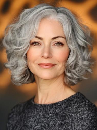 Grey Wig Human Hair Lace Front 12" Bobs Wavy Shoulder Length Wigs