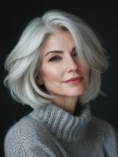 Grey Wig Human Hair Lace Front 12" Bobs Straight Shoulder Length Wigs