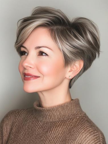 Grey Wigs Short 8" Remy Human Hair Straight Boycuts Monofilament Wigs