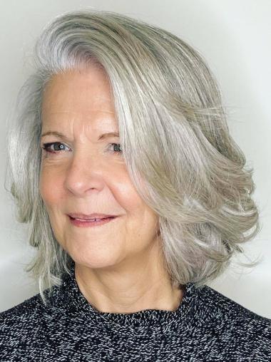 Grey Wigs For Women Layered Monofilament Shoulder Length Remy Human Hair 12" Wigs