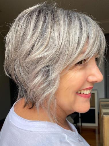 Silver Grey Wigs Layered Monofilament Remy Human Hair 12" Straight Wigs
