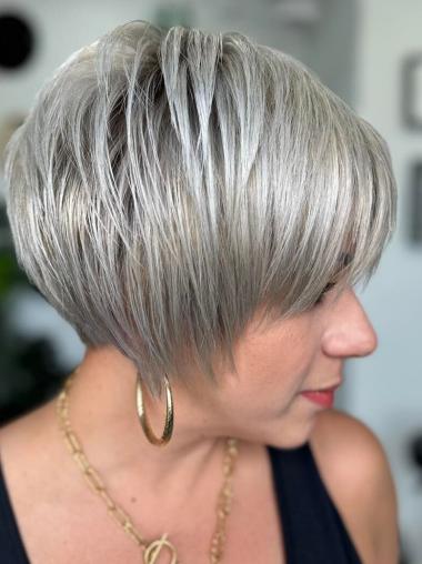 Short Grey Wigs For Older Ladies 8" Remy Human Hair Boycuts Monofilament Wigs