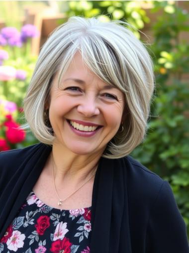 Grey Wigs With Bangs Straight Remy Human Hair Chin Length Monofilament 10" Wigs