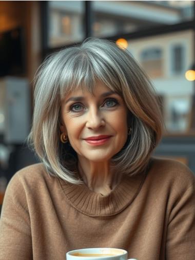 Grey Wig With Bangs 12" Remy Human Hair Lace Front Shoulder Length Straight Wigs
